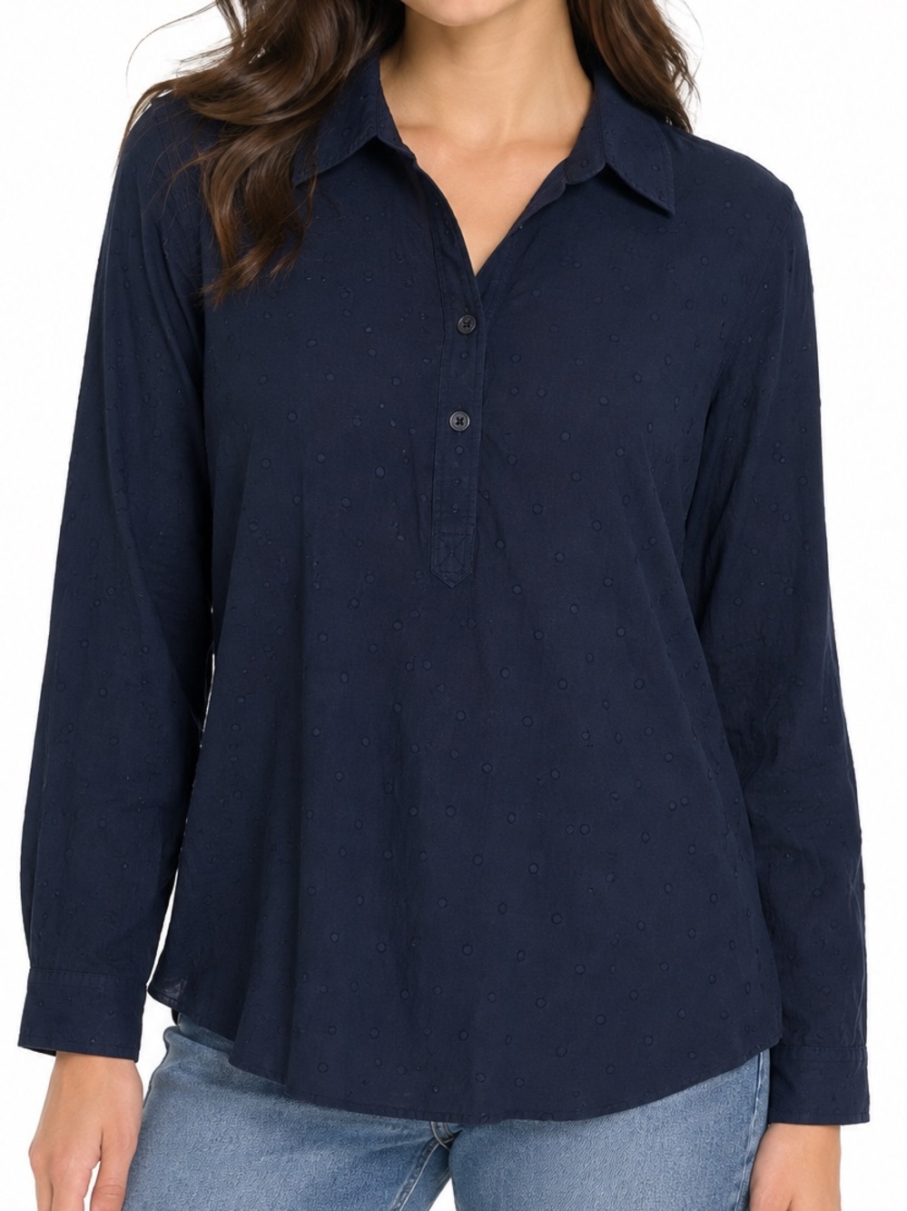 Tommy Hilfiger Navy Relaxed Fit 100% Cotton Popover Long Sleeve Blouse Shirt